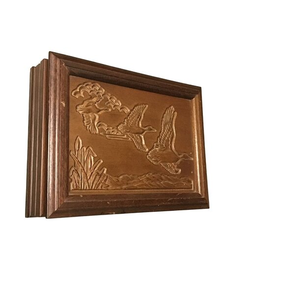 Hand-Carved Wooden Jewelry Box With Ducks Scene & Compartments - Picture 2 of 6